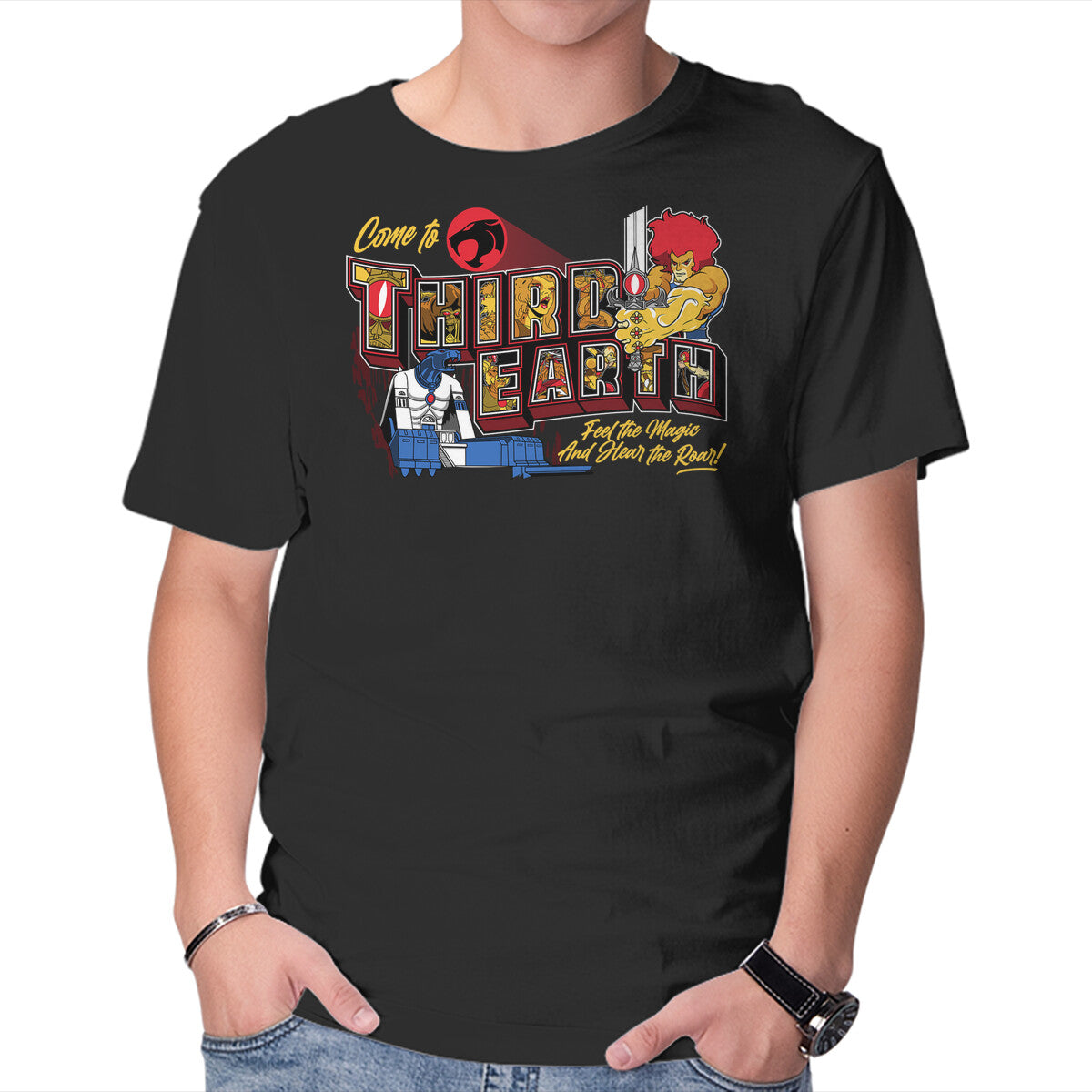 Hear The Roar At Third Earth – Fantasy Graphic T-Shirt in black, product display