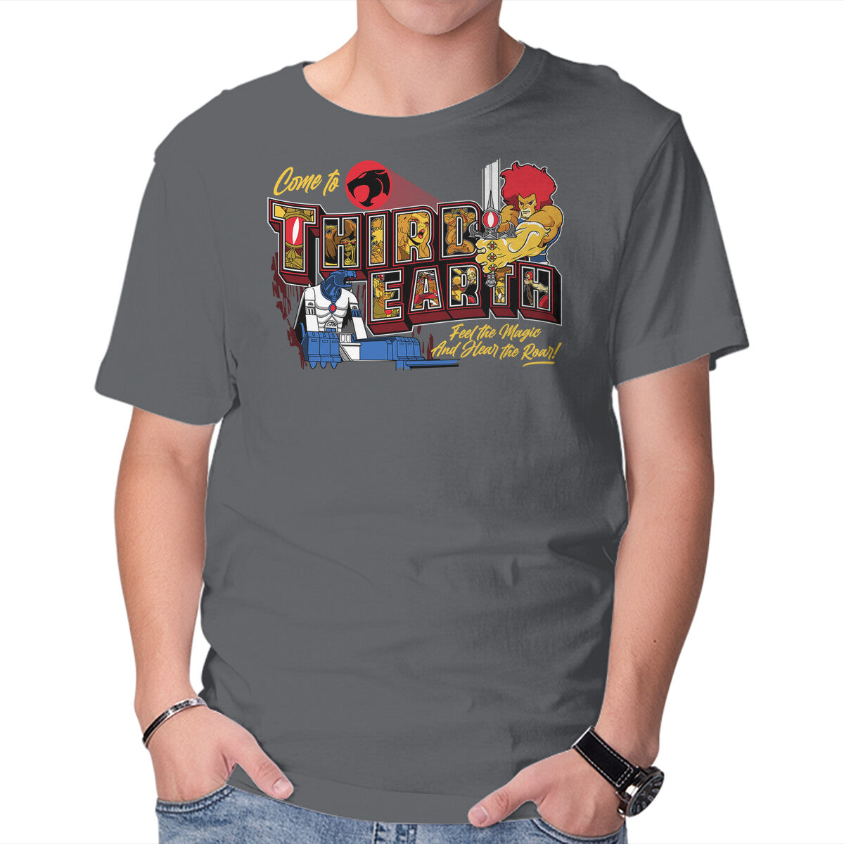 Hear The Roar At Third Earth – Fantasy Graphic T-Shirt in charcoal, product display