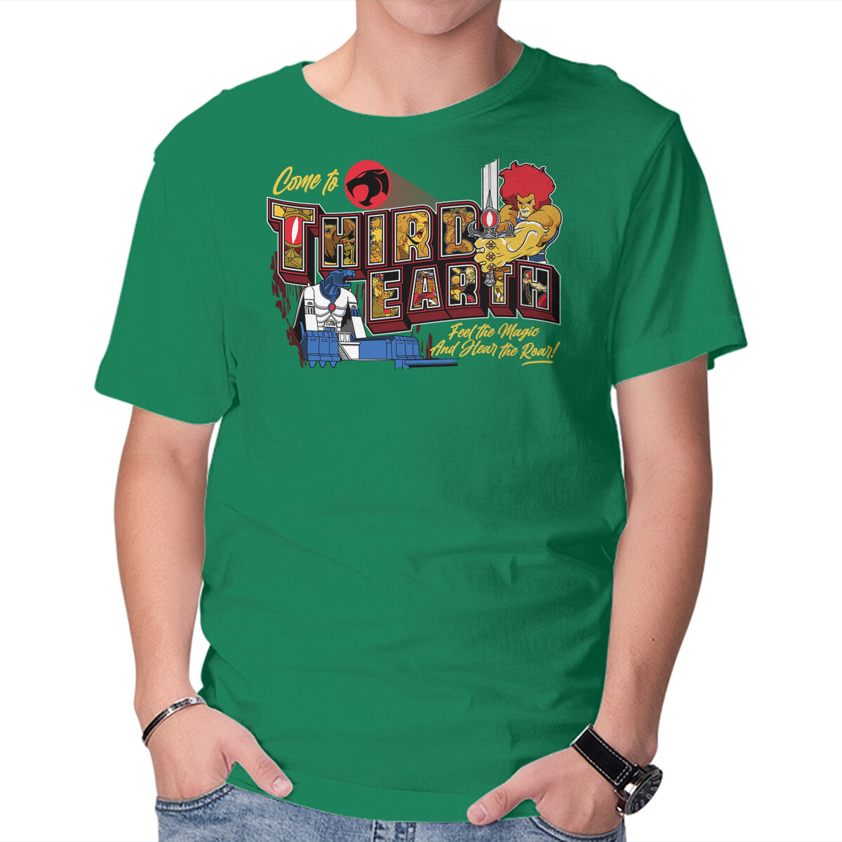 Hear The Roar At Third Earth – Fantasy Graphic T-Shirt in green, product display