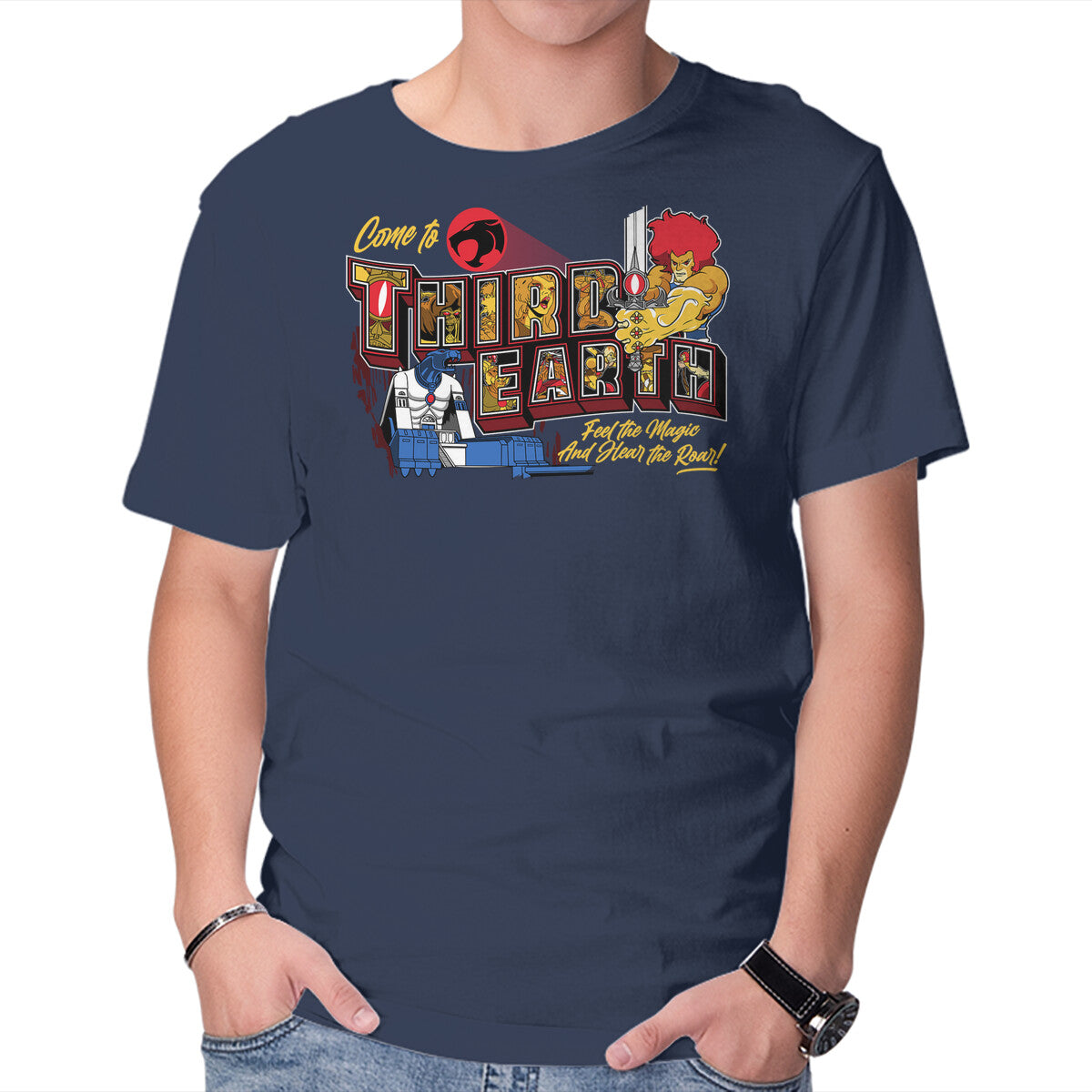 Hear The Roar At Third Earth – Fantasy Graphic T-Shirt in navy, product display