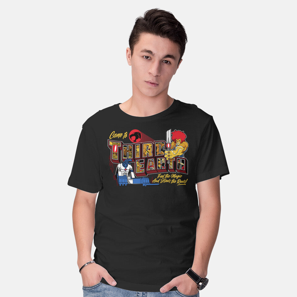 Model wearing black Hear The Roar At Third Earth – Fantasy Graphic T-Shirt