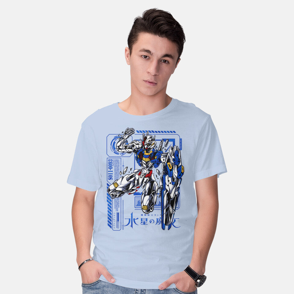 Model wearing blue Broken Aerial – Anime Graphic T-Shirt