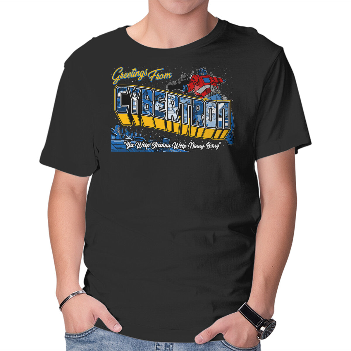 Greetings From Cyberplanet – Sci-Fi Graphic T-Shirt in black, product display