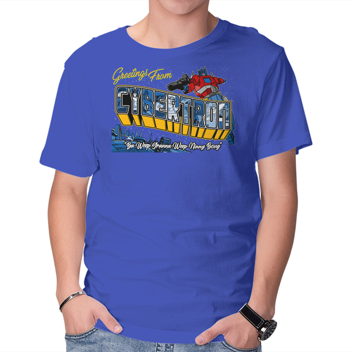 Greetings From Cyberplanet – Sci-Fi Graphic T-Shirt in royal blue, product display