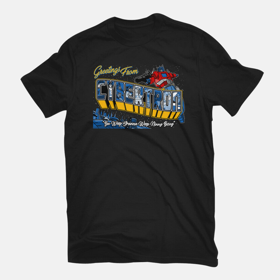 Greetings From Cyberplanet – Sci-Fi Graphic T-Shirt in black, flat-lay product view