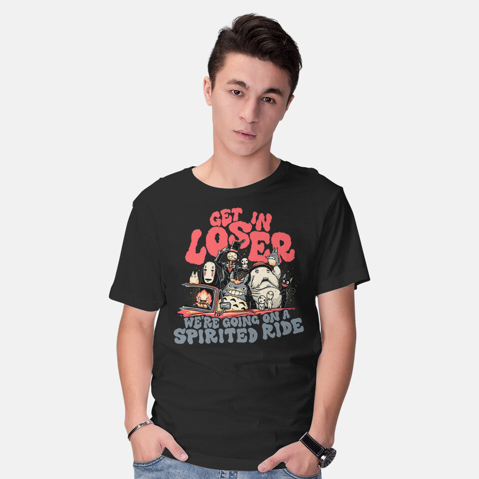 Model wearing black Spirited Ride – Fantasy Graphic T-Shirt