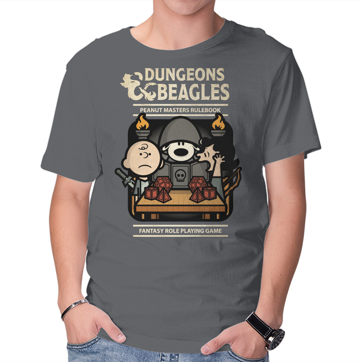Dungeons and Beagles – Gaming Graphic T-Shirt in charcoal, product display