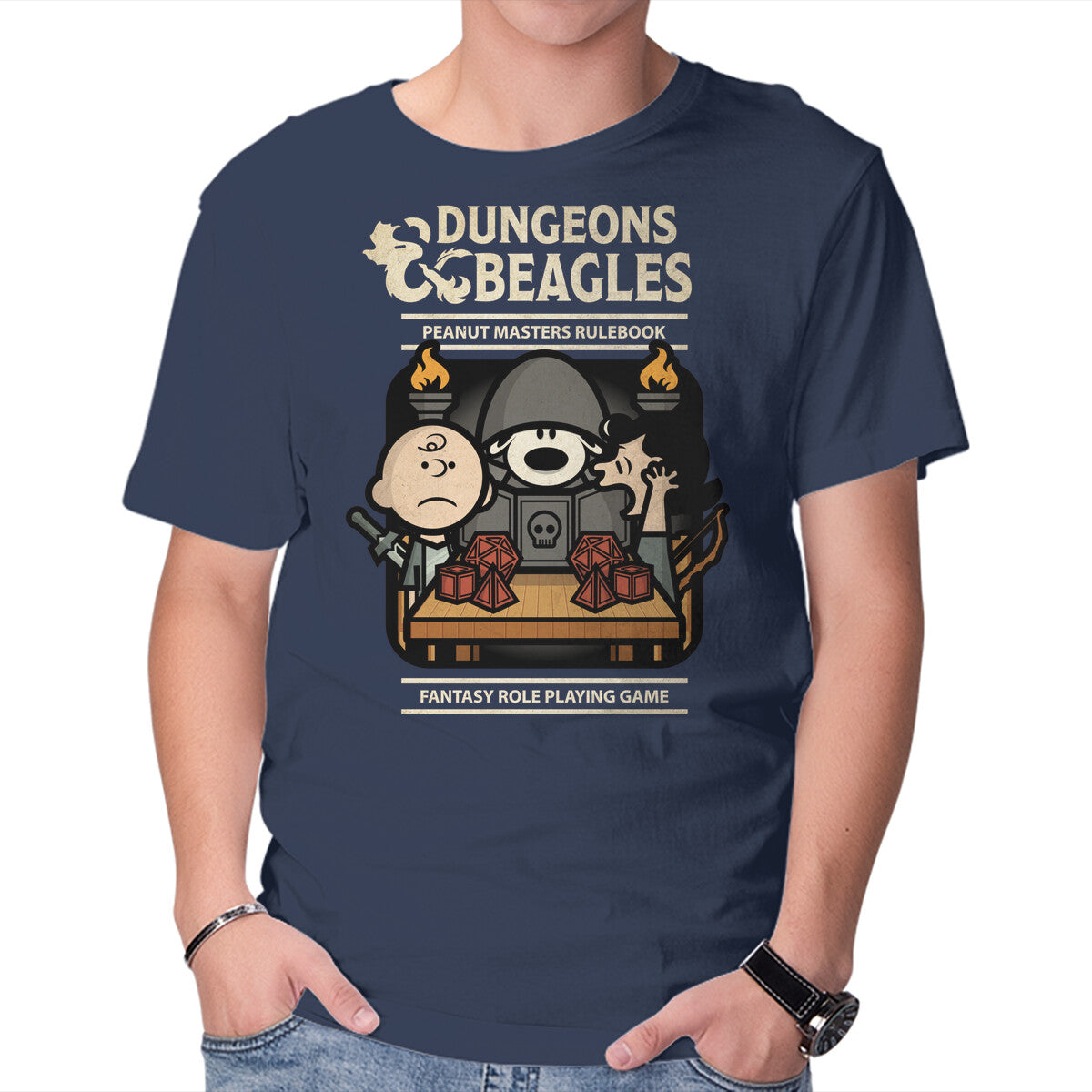 Dungeons and Beagles – Gaming Graphic T-Shirt in navy, product display