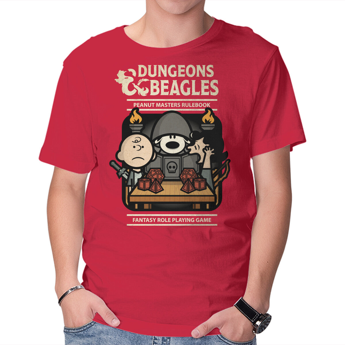 Dungeons and Beagles – Gaming Graphic T-Shirt in red, product display