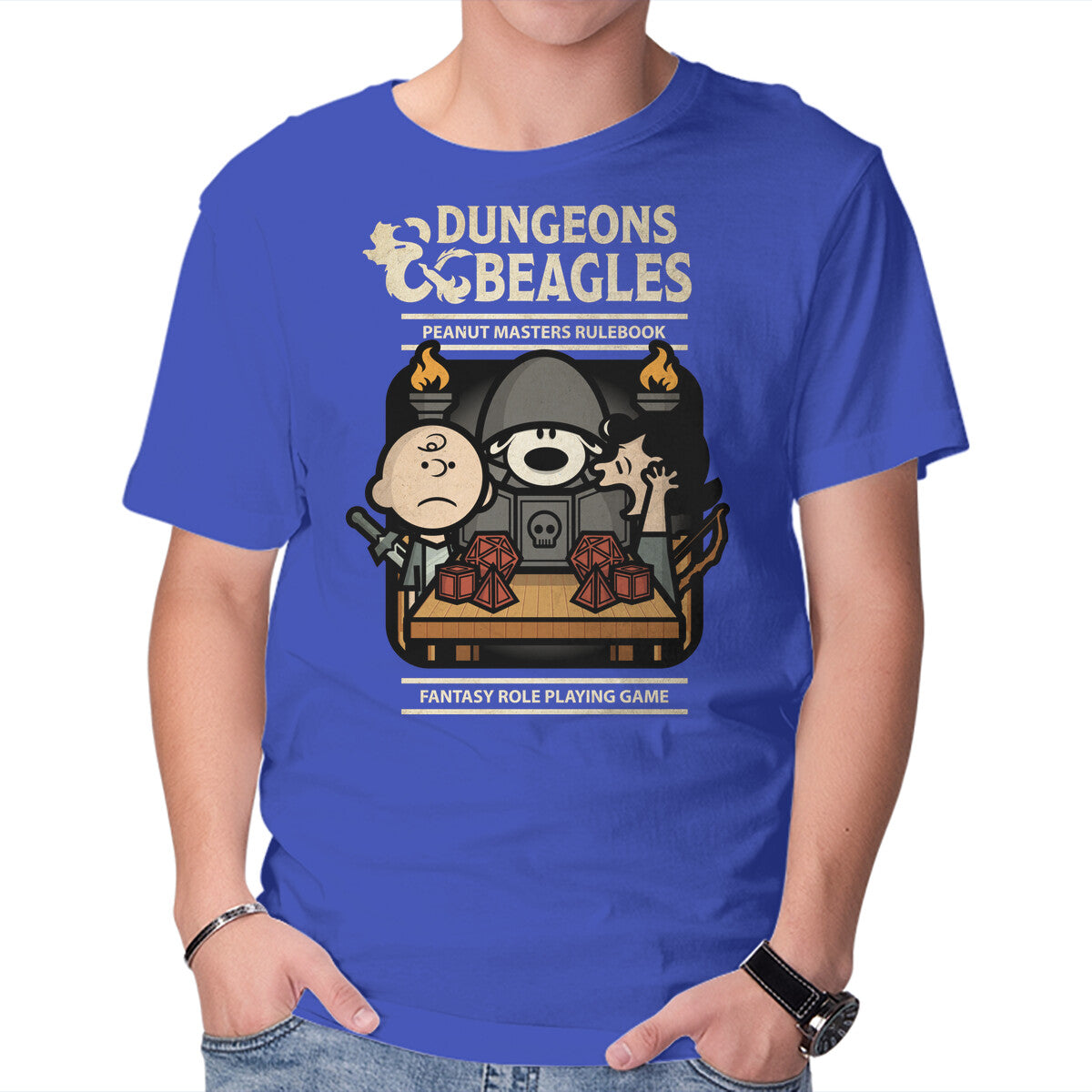 Dungeons and Beagles – Gaming Graphic T-Shirt in royal blue, product display