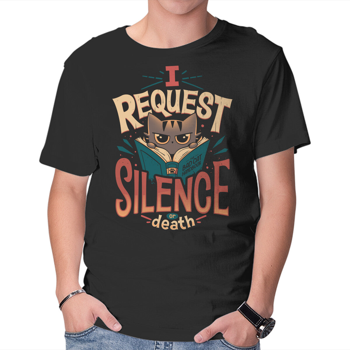 I Request Silence – Cat Graphic T-Shirt in black, product display