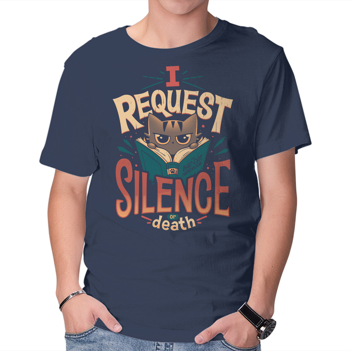 I Request Silence – Cat Graphic T-Shirt in navy, product display