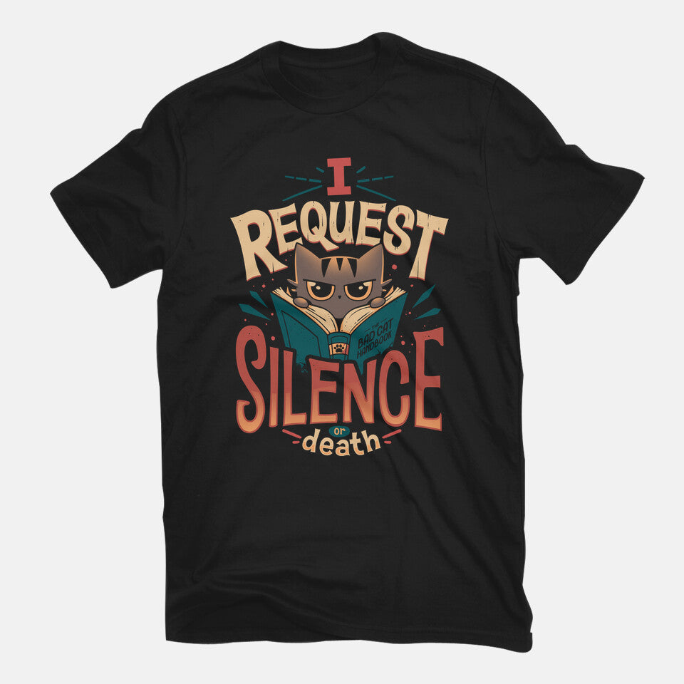 I Request Silence – Cat Graphic T-Shirt in black, flat-lay product view