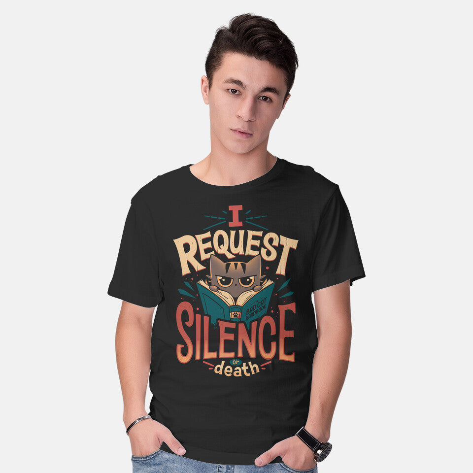Model wearing black I Request Silence – Cat Graphic T-Shirt