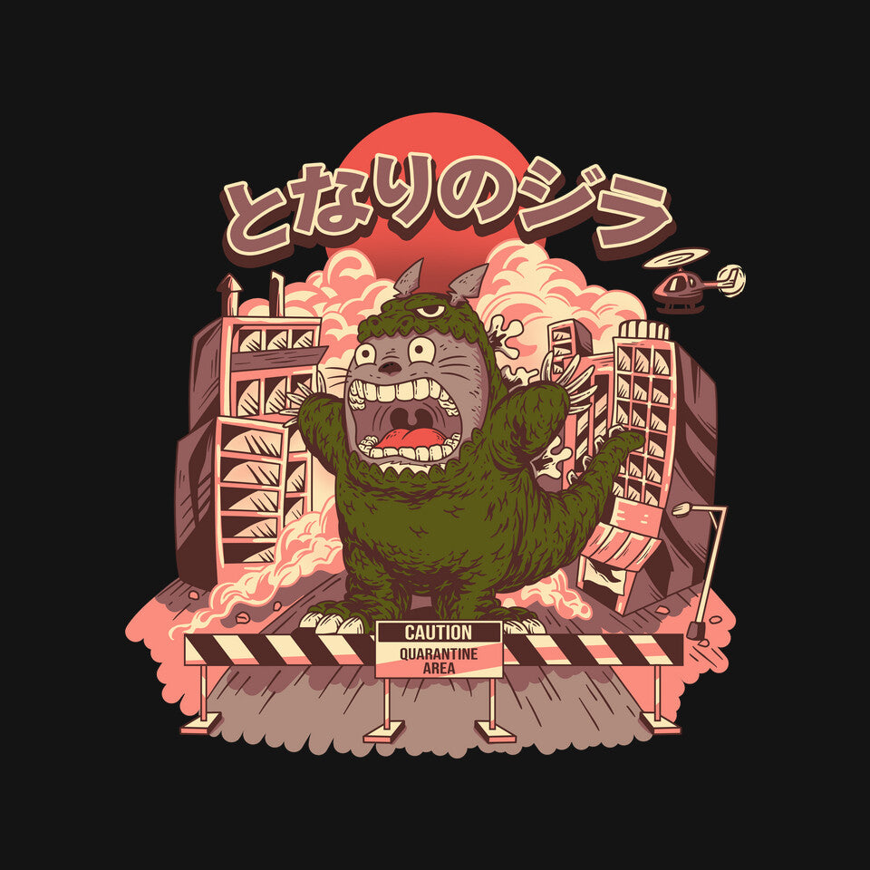 My Neighbor Zilla Kaiju – Anime Graphic T-Shirt design artwork for black graphic T-shirt