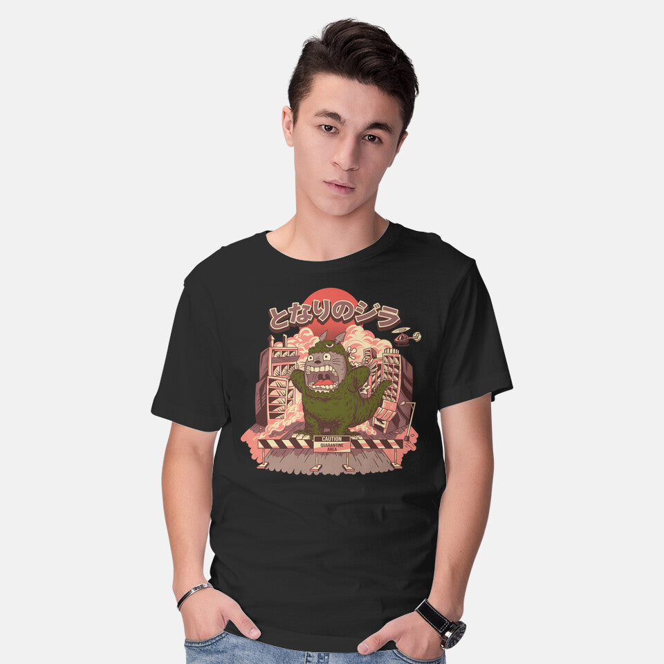 Model wearing black My Neighbor Zilla Kaiju – Anime Graphic T-Shirt