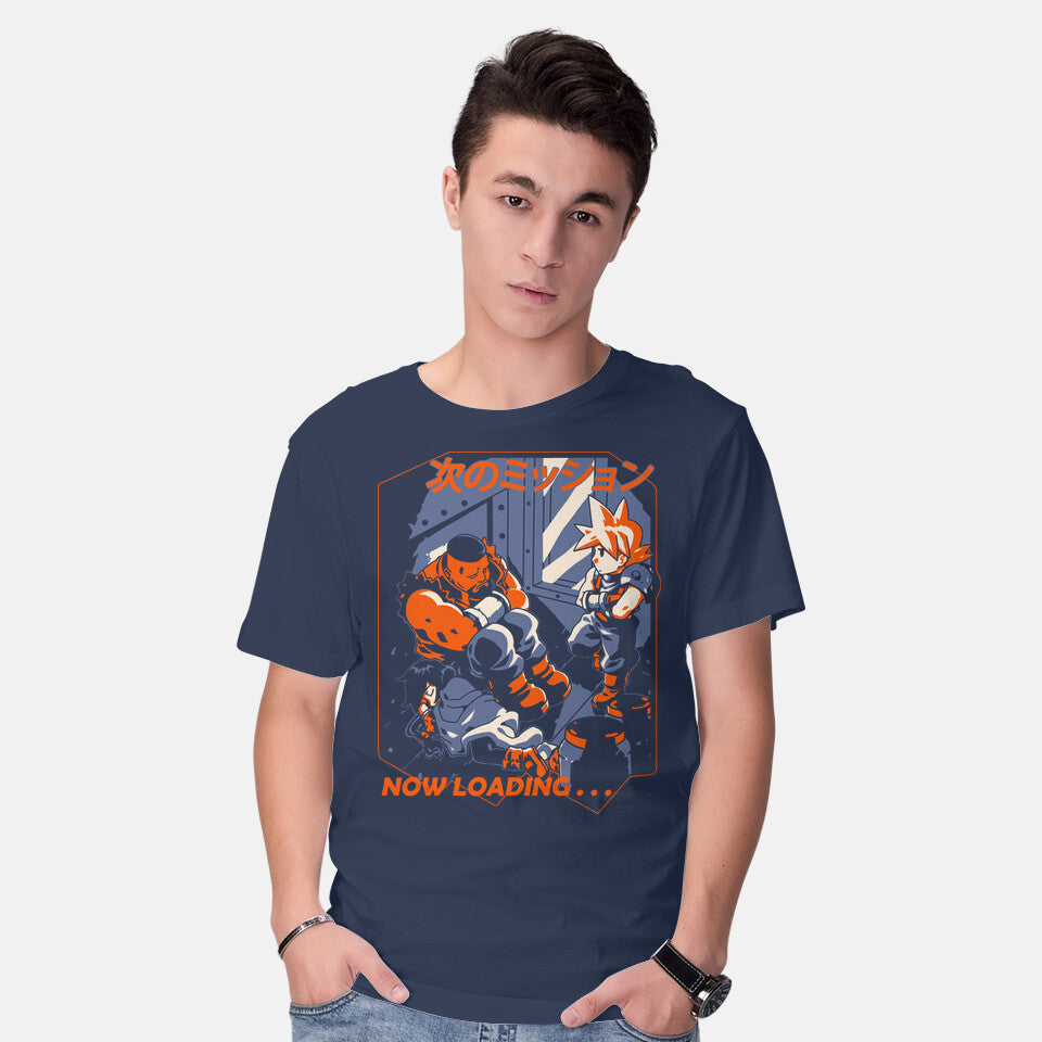 Model wearing navy FF7 Next Mission – Gaming Graphic T-Shirt