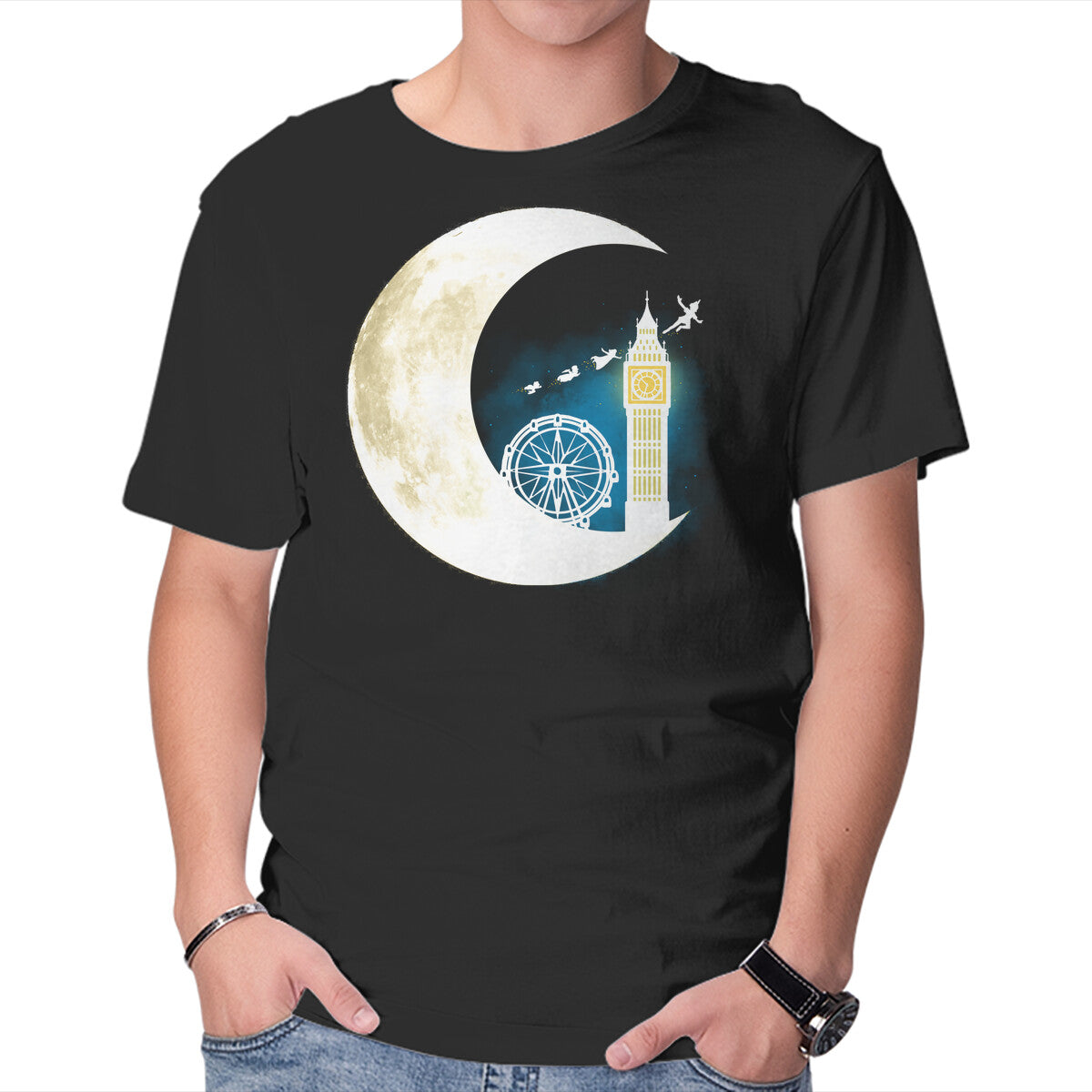 Never Grow Moon – Fantasy Graphic T-Shirt in black, product display