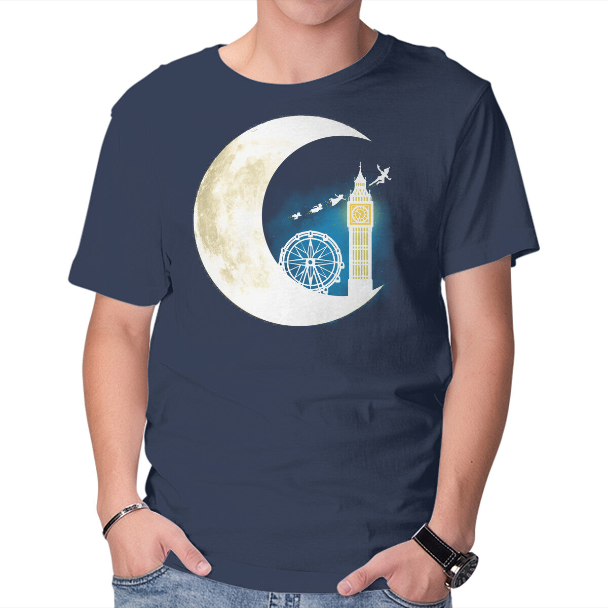 Never Grow Moon – Fantasy Graphic T-Shirt in navy, product display