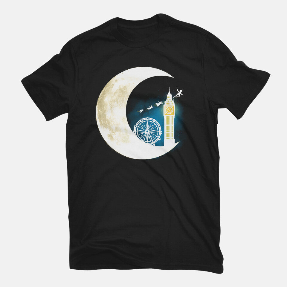 Never Grow Moon – Fantasy Graphic T-Shirt in black, flat-lay product view