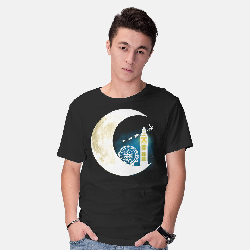 Model wearing black Never Grow Moon – Fantasy Graphic T-Shirt