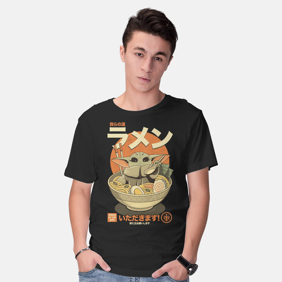 Model wearing black Ramen Is The Way – Sci-Fi Graphic T-Shirt