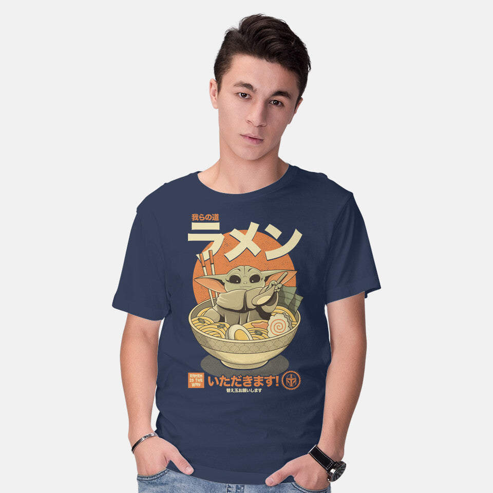 Model wearing navy Ramen Is The Way – Sci-Fi Graphic T-Shirt