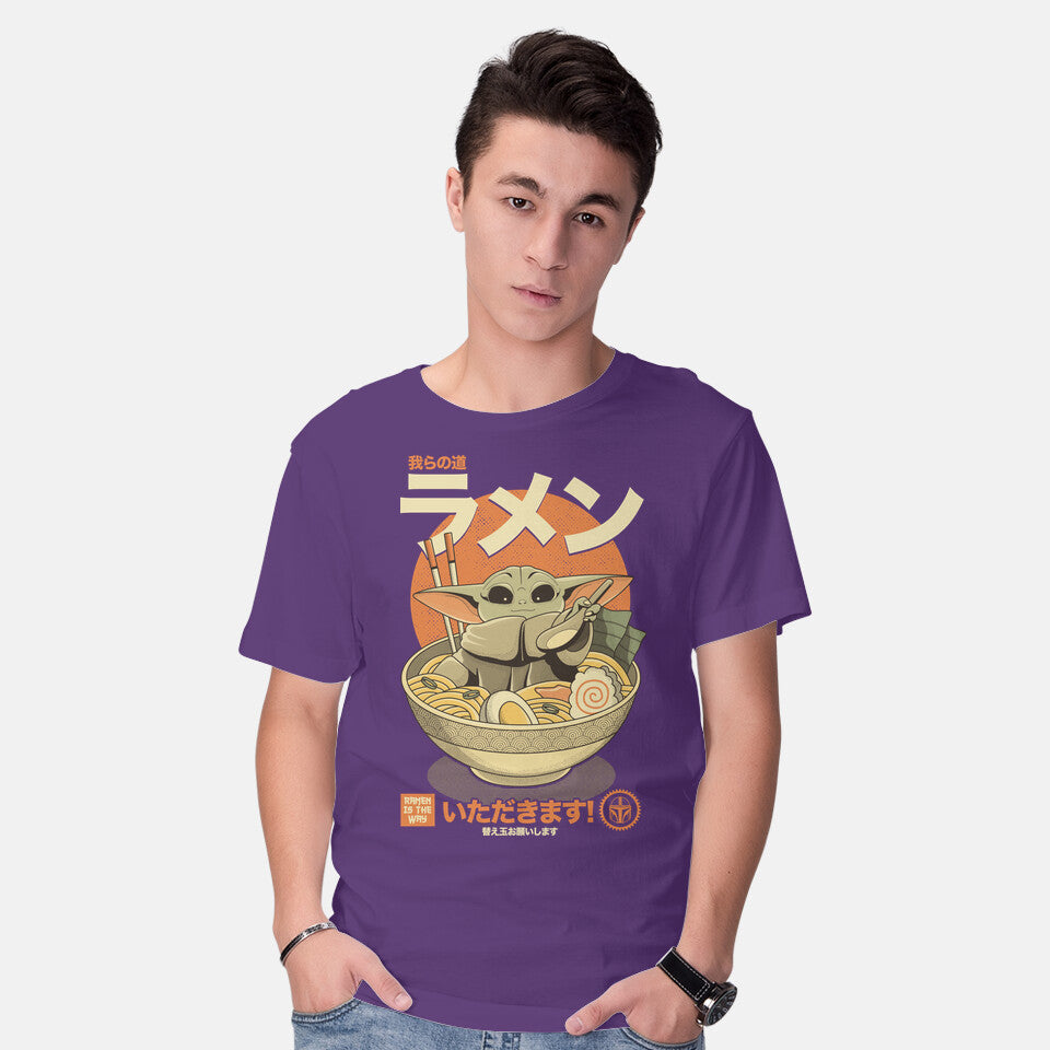 Model wearing purple Ramen Is The Way – Sci-Fi Graphic T-Shirt