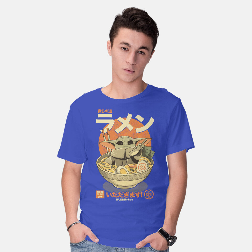 Model wearing royal blue Ramen Is The Way – Sci-Fi Graphic T-Shirt