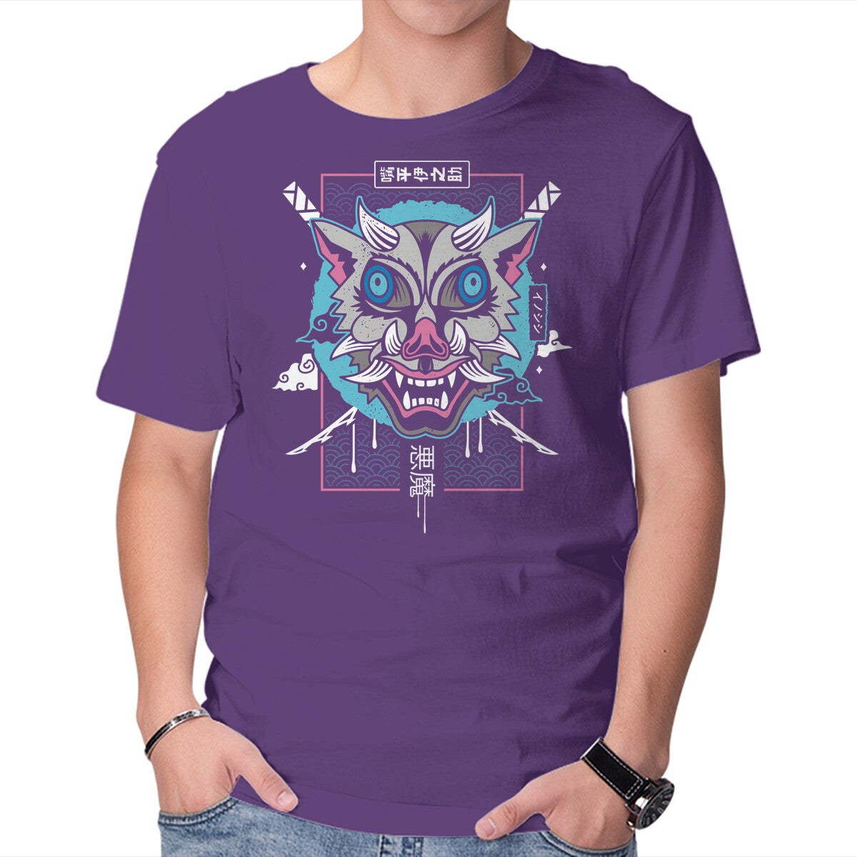 Japanese Boar – Anime Graphic T-Shirt in purple, product display