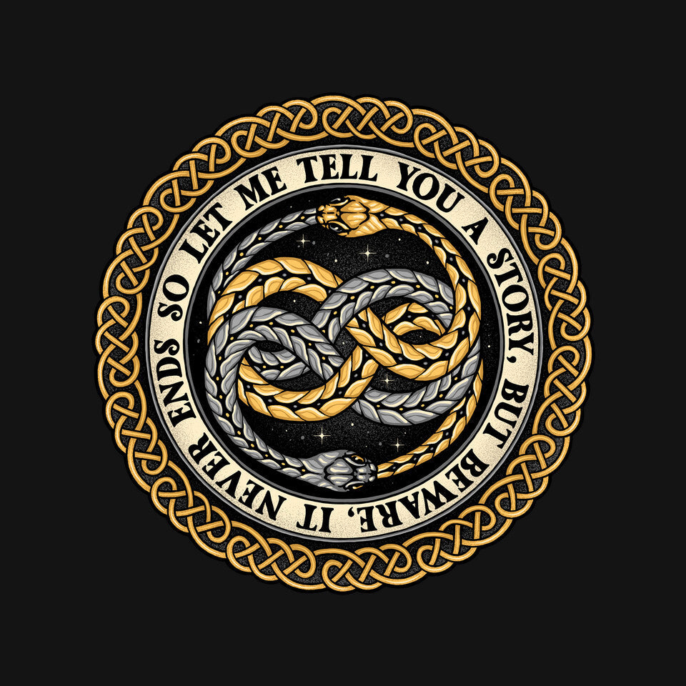 Never Ending Emblem – Fantasy Graphic T-Shirt design artwork for black graphic T-shirt
