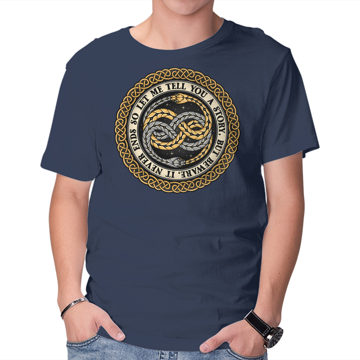 Never Ending Emblem – Fantasy Graphic T-Shirt in navy, product display