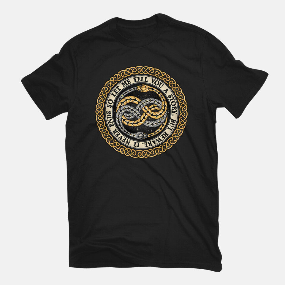 Never Ending Emblem – Fantasy Graphic T-Shirt in black, flat-lay product view