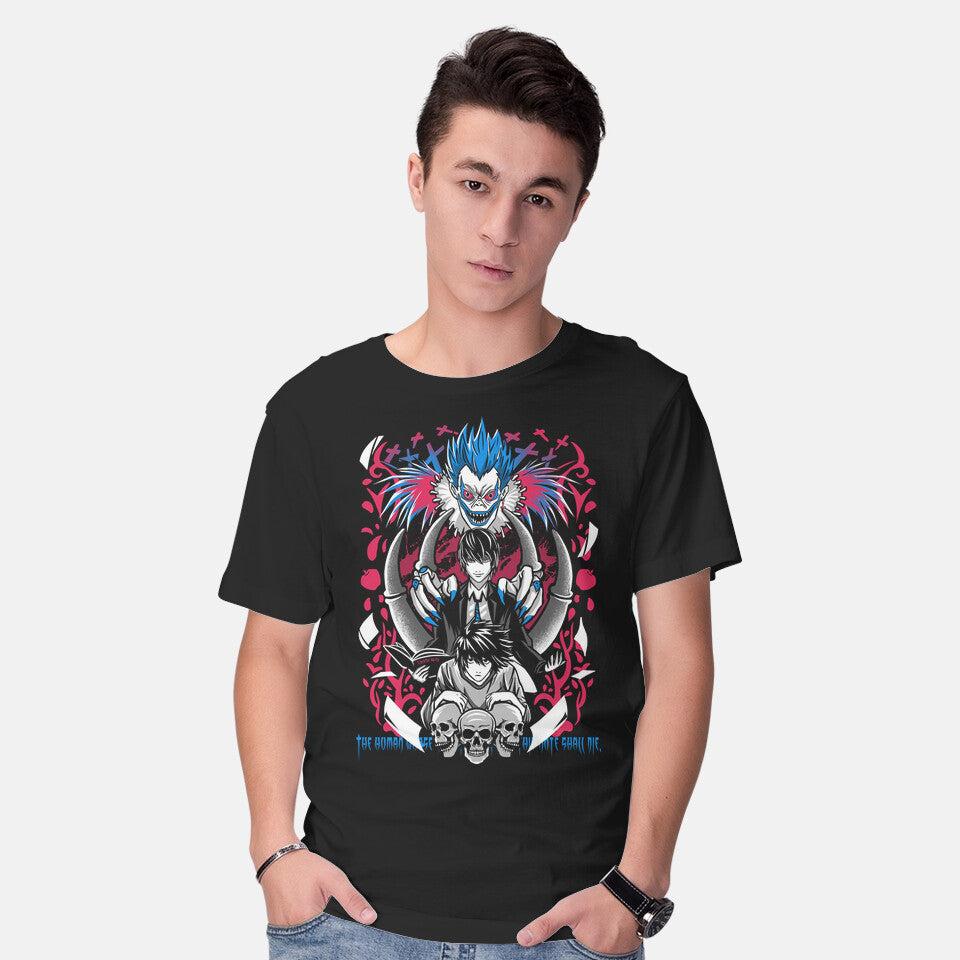 Model wearing black Game Of Deaths – Anime Graphic T-Shirt