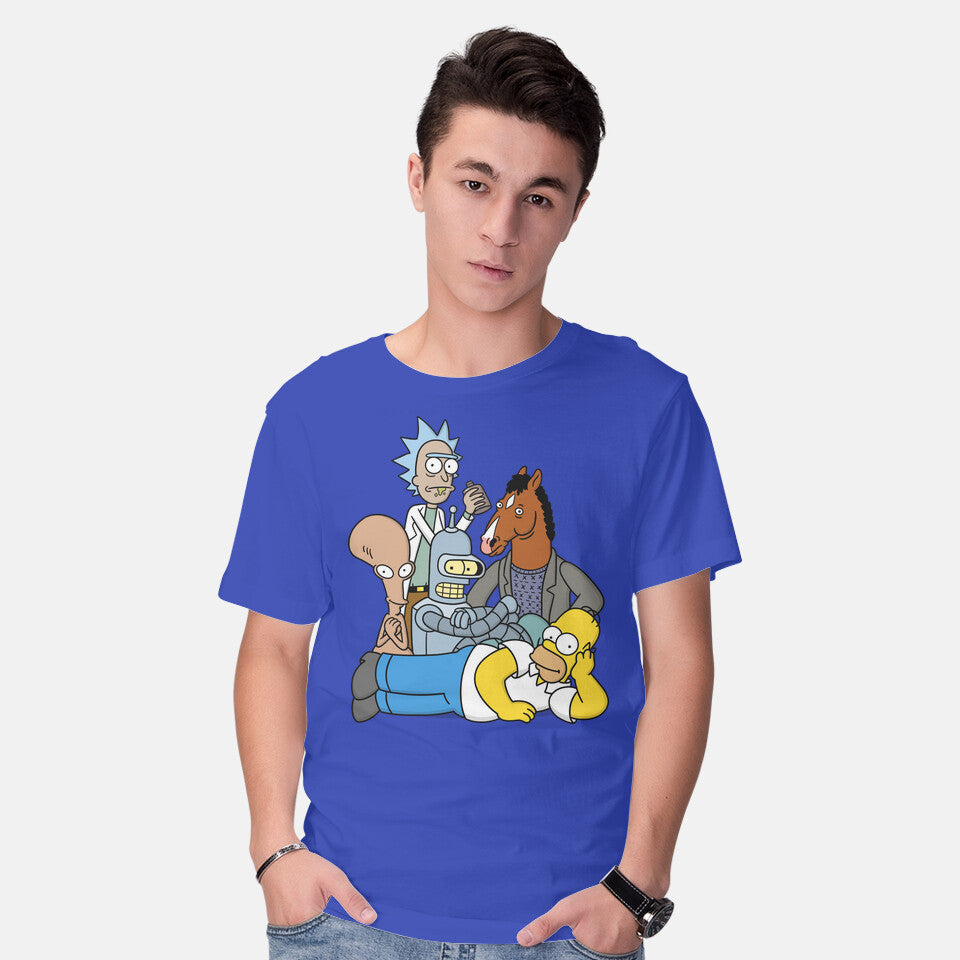 Model wearing royal blue The Breakfast Drinkers – Funny Graphic T-Shirt