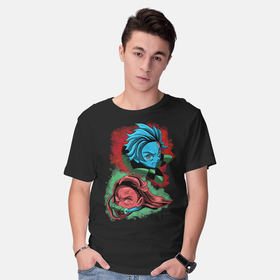 Model wearing black The Demon And The Slayer – Anime Graphic T-Shirt