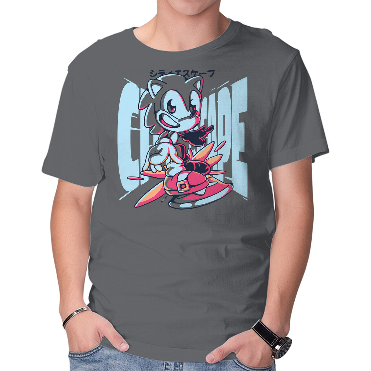 City Escape – Gaming Graphic T-Shirt in charcoal, product display