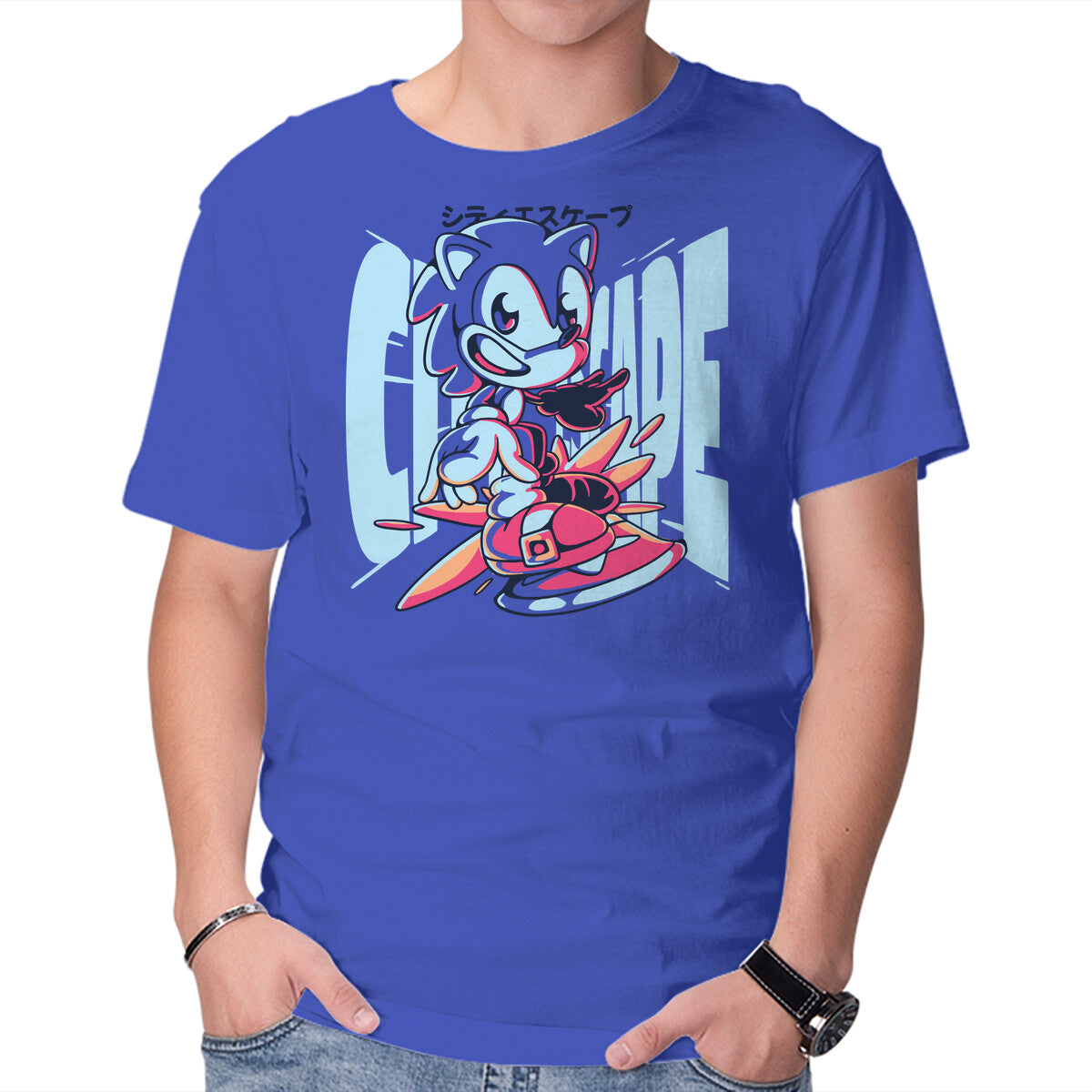 City Escape – Gaming Graphic T-Shirt in royal blue, product display