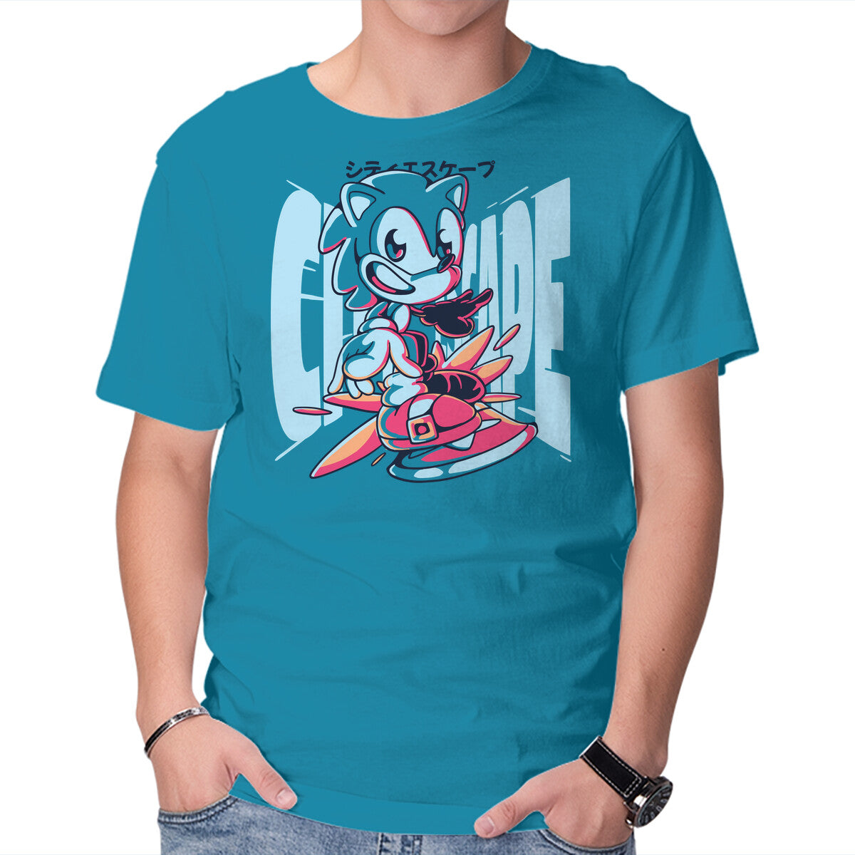 City Escape – Gaming Graphic T-Shirt in turquoise, product display