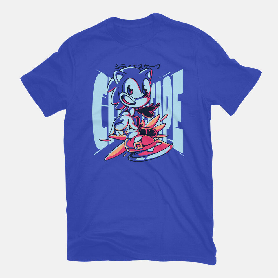 City Escape – Gaming Graphic T-Shirt in royal blue, flat-lay product view