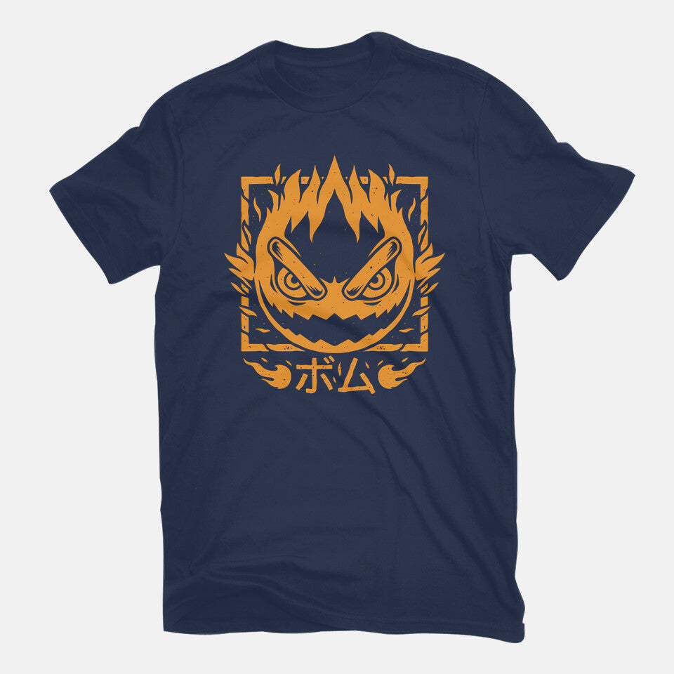 Fireball Bomb – Gaming Graphic T-Shirt in navy, flat-lay product view