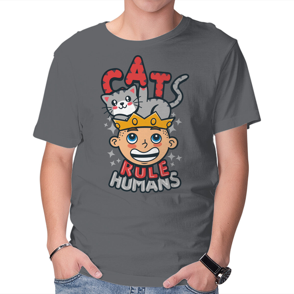 Cats Rule Humans – Cat Graphic T-Shirt in charcoal, product display