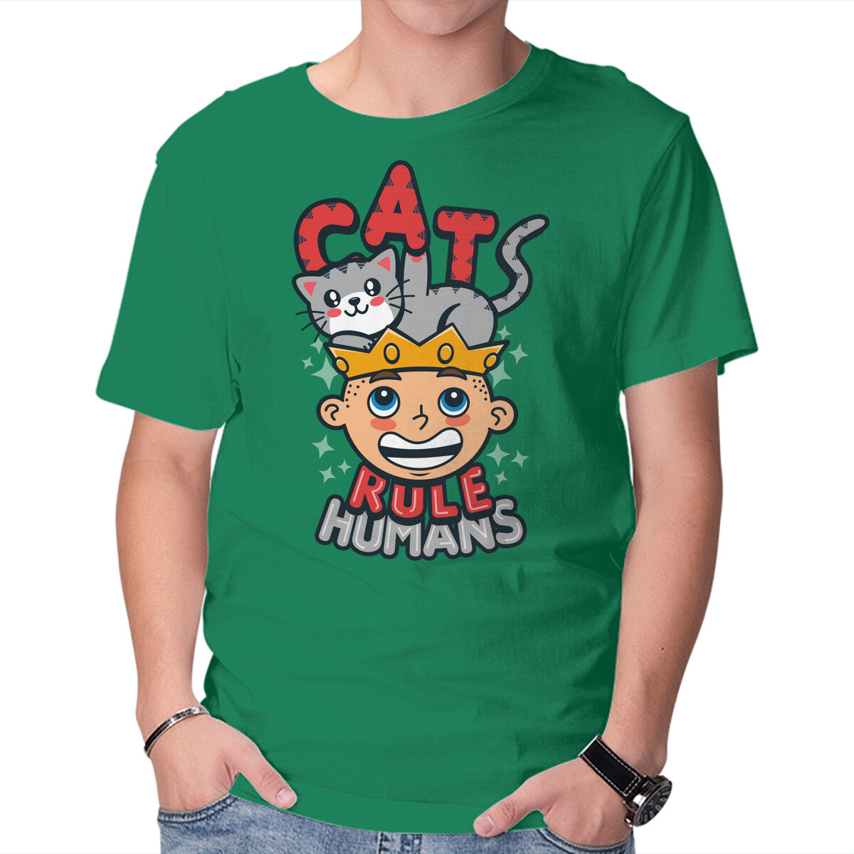 Cats Rule Humans – Cat Graphic T-Shirt in green, product display