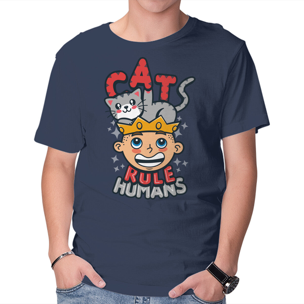 Cats Rule Humans – Cat Graphic T-Shirt in navy, product display