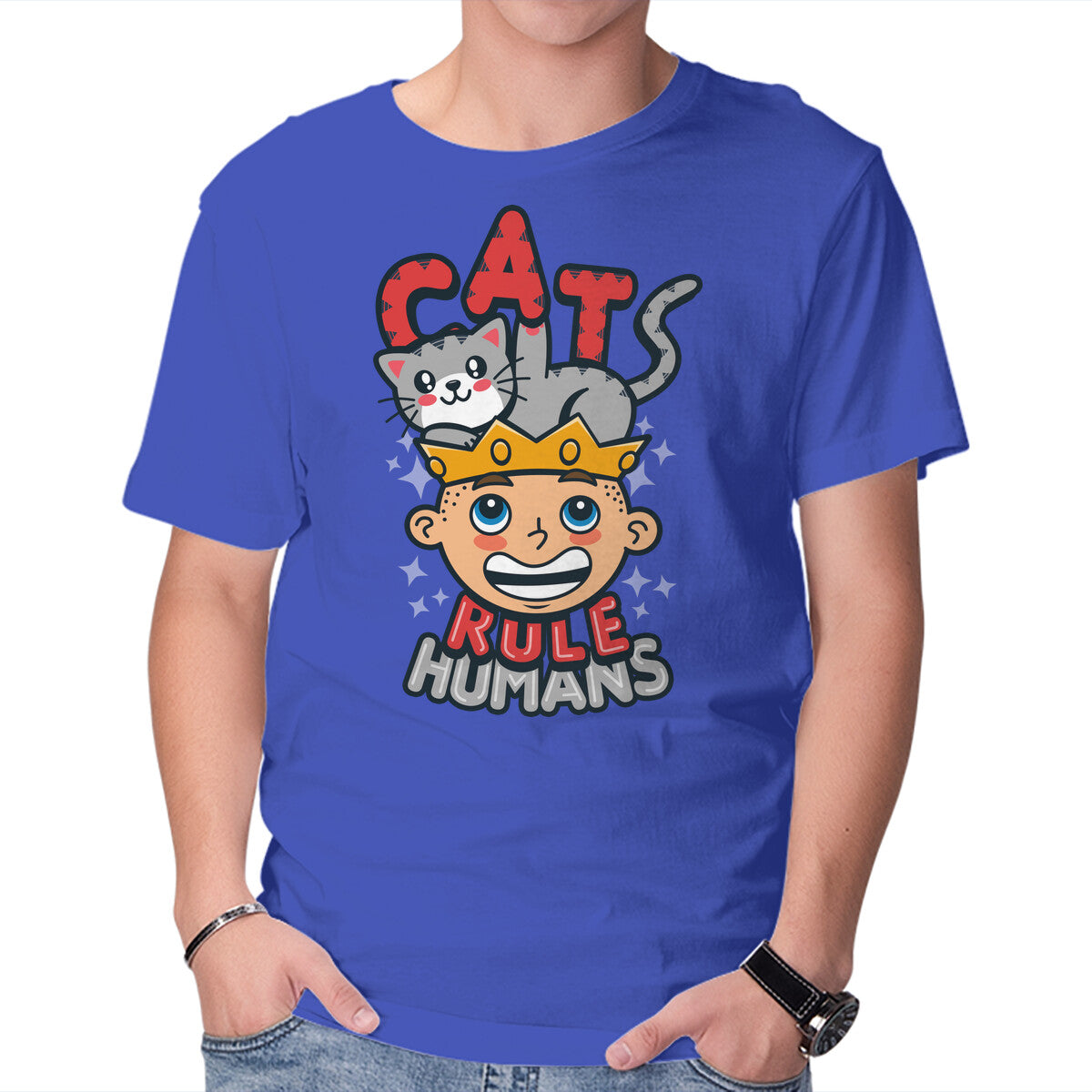 Cats Rule Humans – Cat Graphic T-Shirt in royal blue, product display