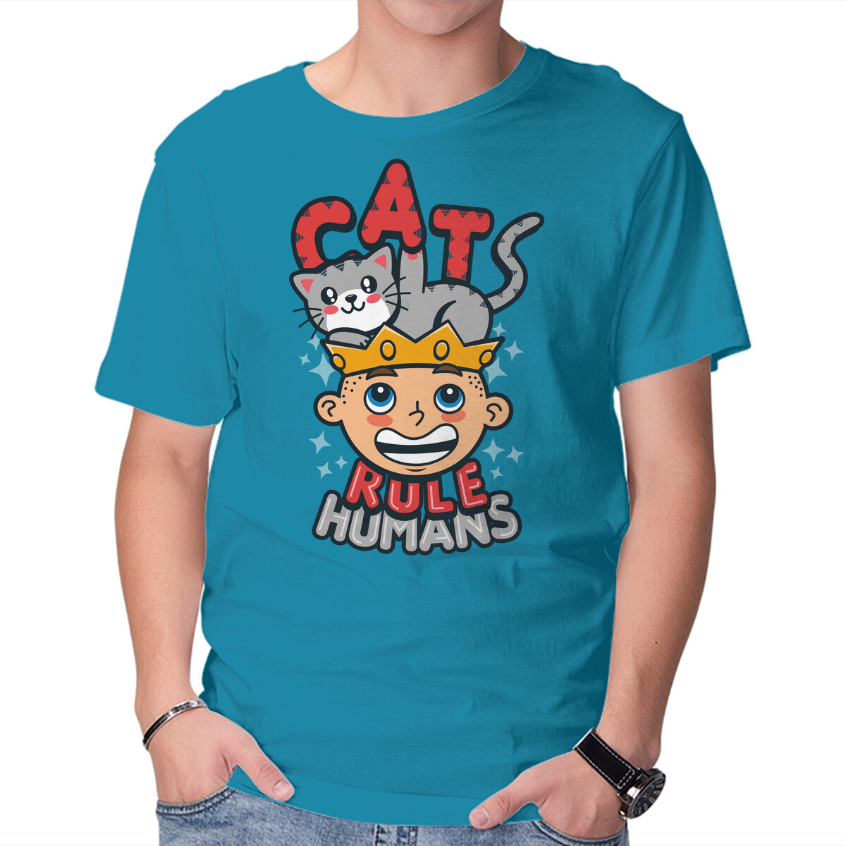 Cats Rule Humans – Cat Graphic T-Shirt in turquoise, product display