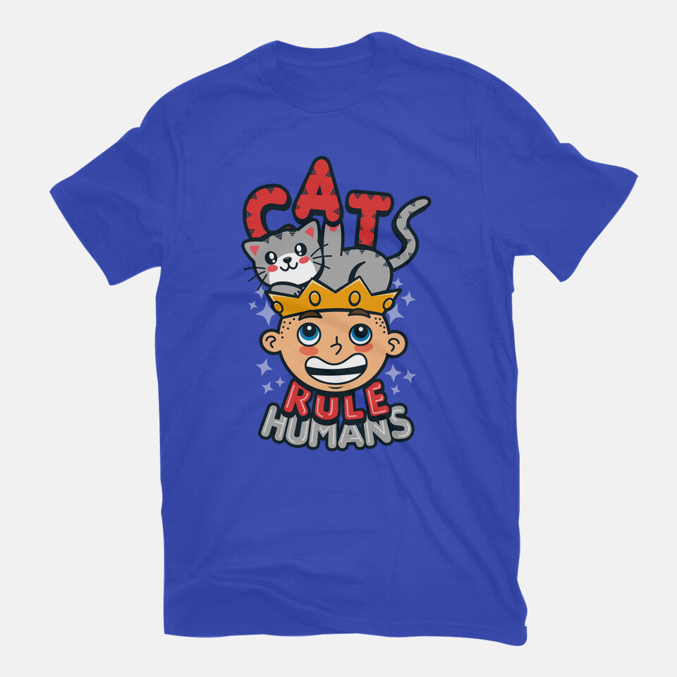 Cats Rule Humans – Cat Graphic T-Shirt in royal blue, flat-lay product view
