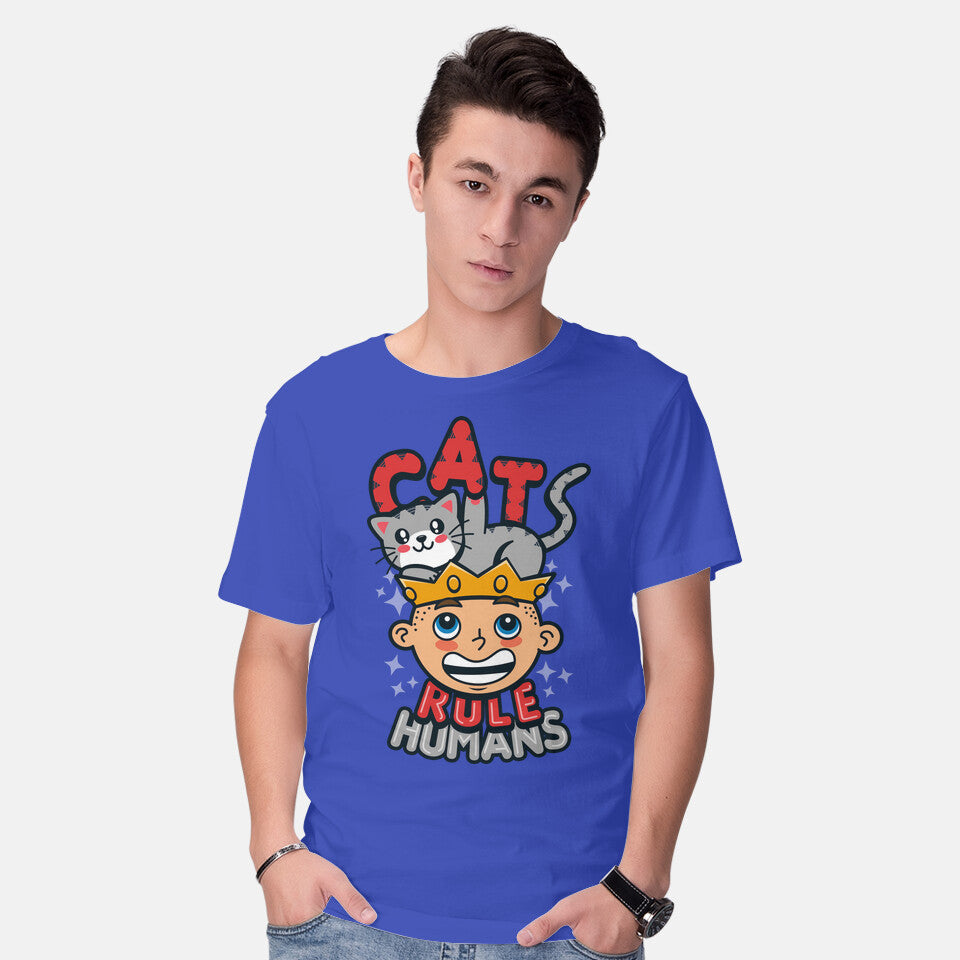 Model wearing royal blue Cats Rule Humans – Cat Graphic T-Shirt