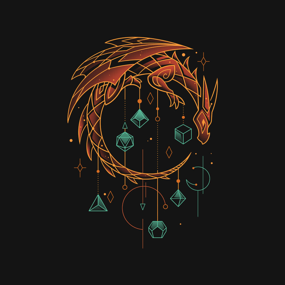 Draconic Dice Keeper – Gaming Graphic T-Shirt design artwork for black graphic T-shirt