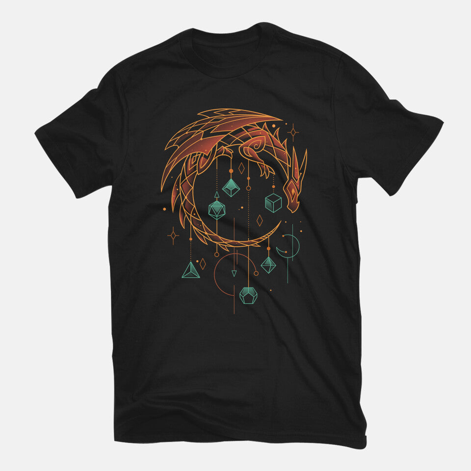 Draconic Dice Keeper – Gaming Graphic T-Shirt in black, flat-lay product view